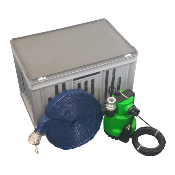 Flood kit containing pump and hose